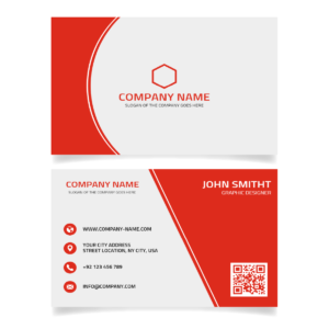 a red and white business card
